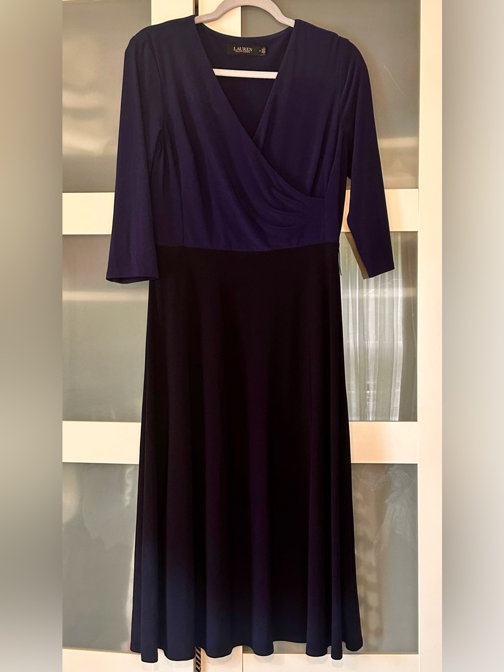 Lauren Ralph Lauren Cobalt and Navy Blue Faux-Wrap Midi Dress